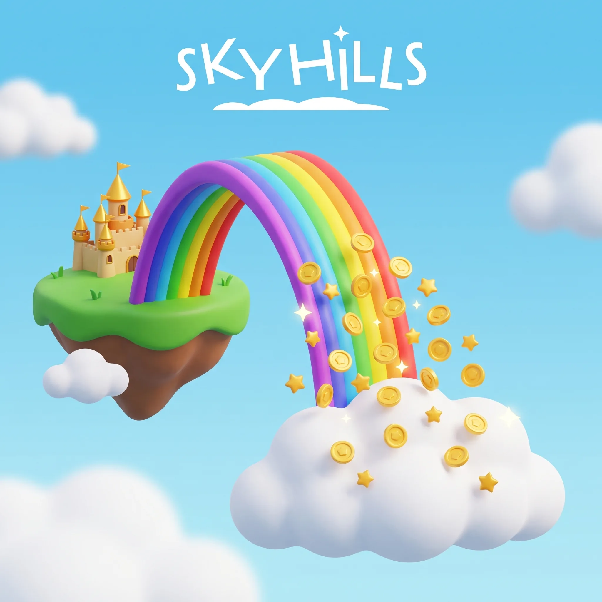 SkyHills welcome bonus with a rainbow and golden coins above the clouds